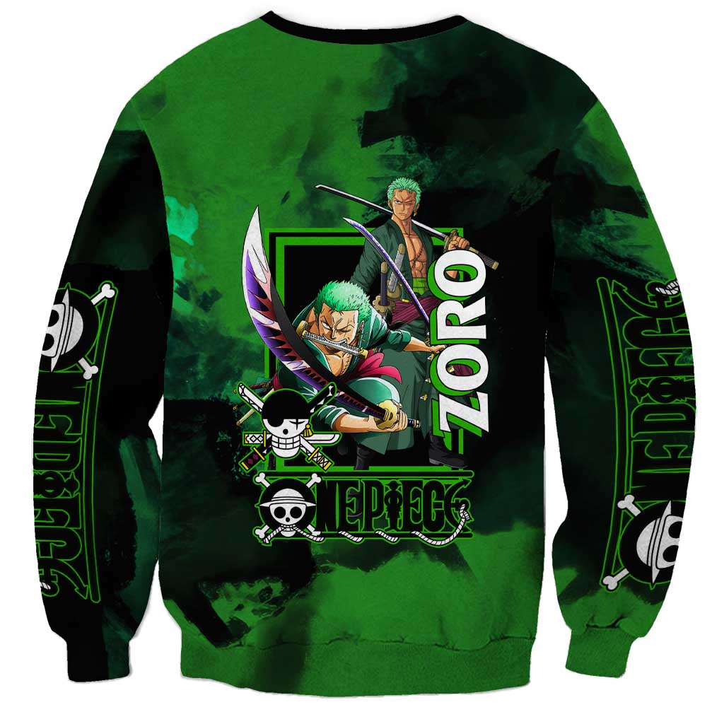 Zoro One Piece Green Theme Sweatshirt with Swordsman Pose and Three Sword Style Design - The Mazicc