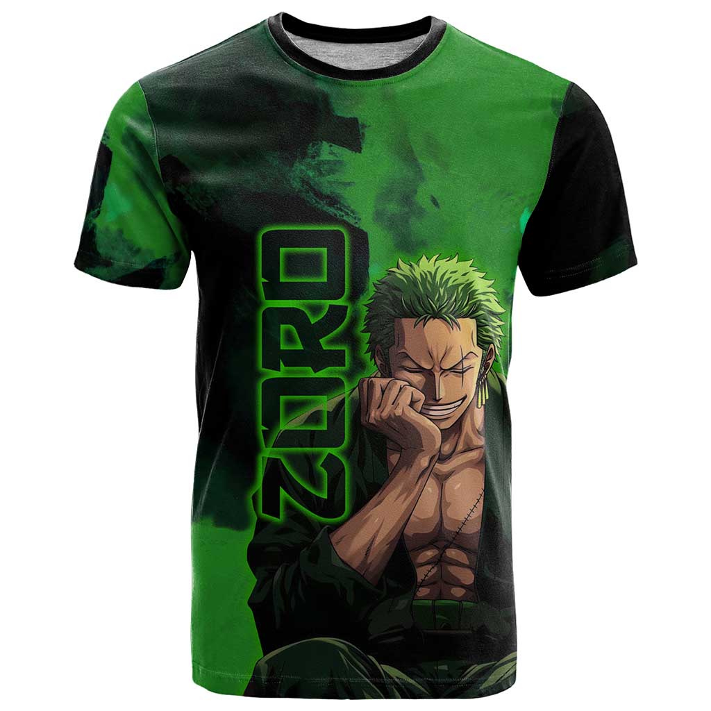 Zoro One Piece Green Theme T Shirt with Swordsman Pose and Three Sword Style Design - The Mazicc