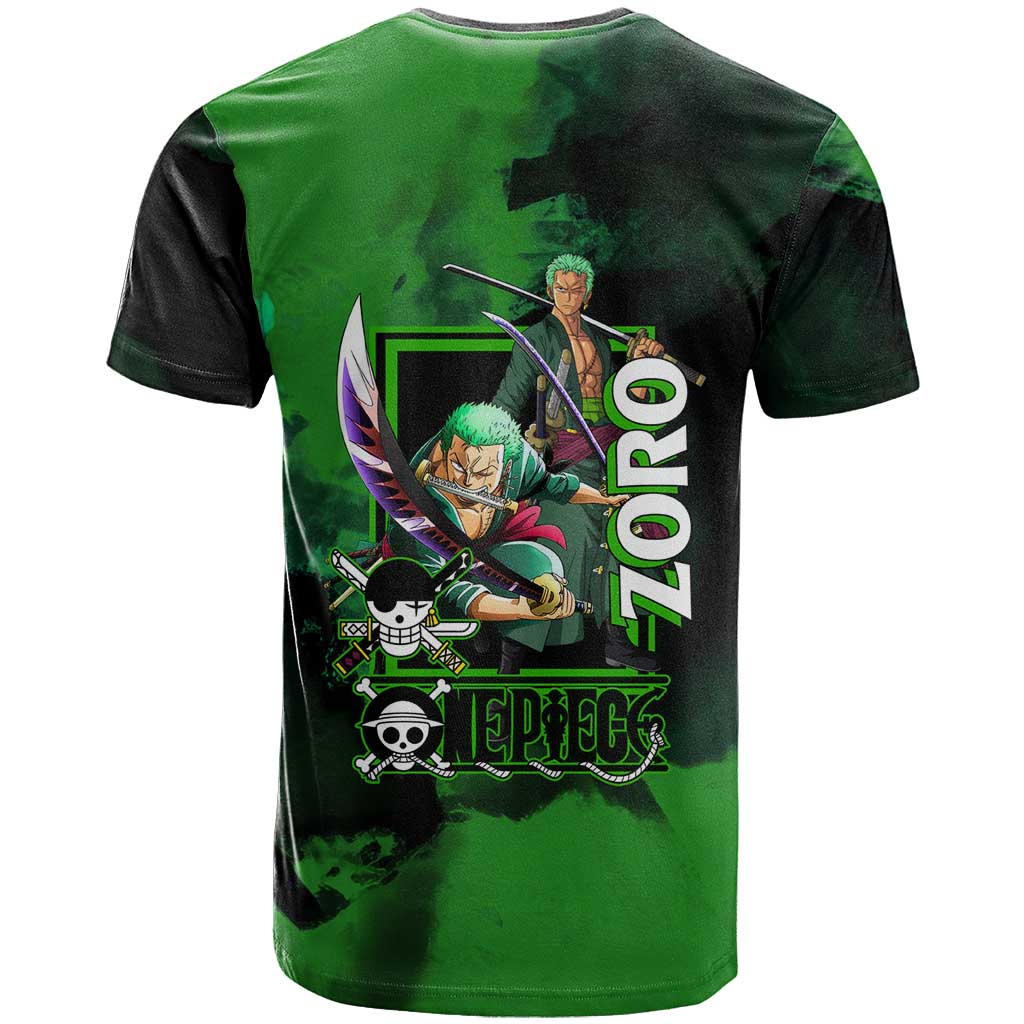 Zoro One Piece Green Theme T Shirt with Swordsman Pose and Three Sword Style Design - The Mazicc