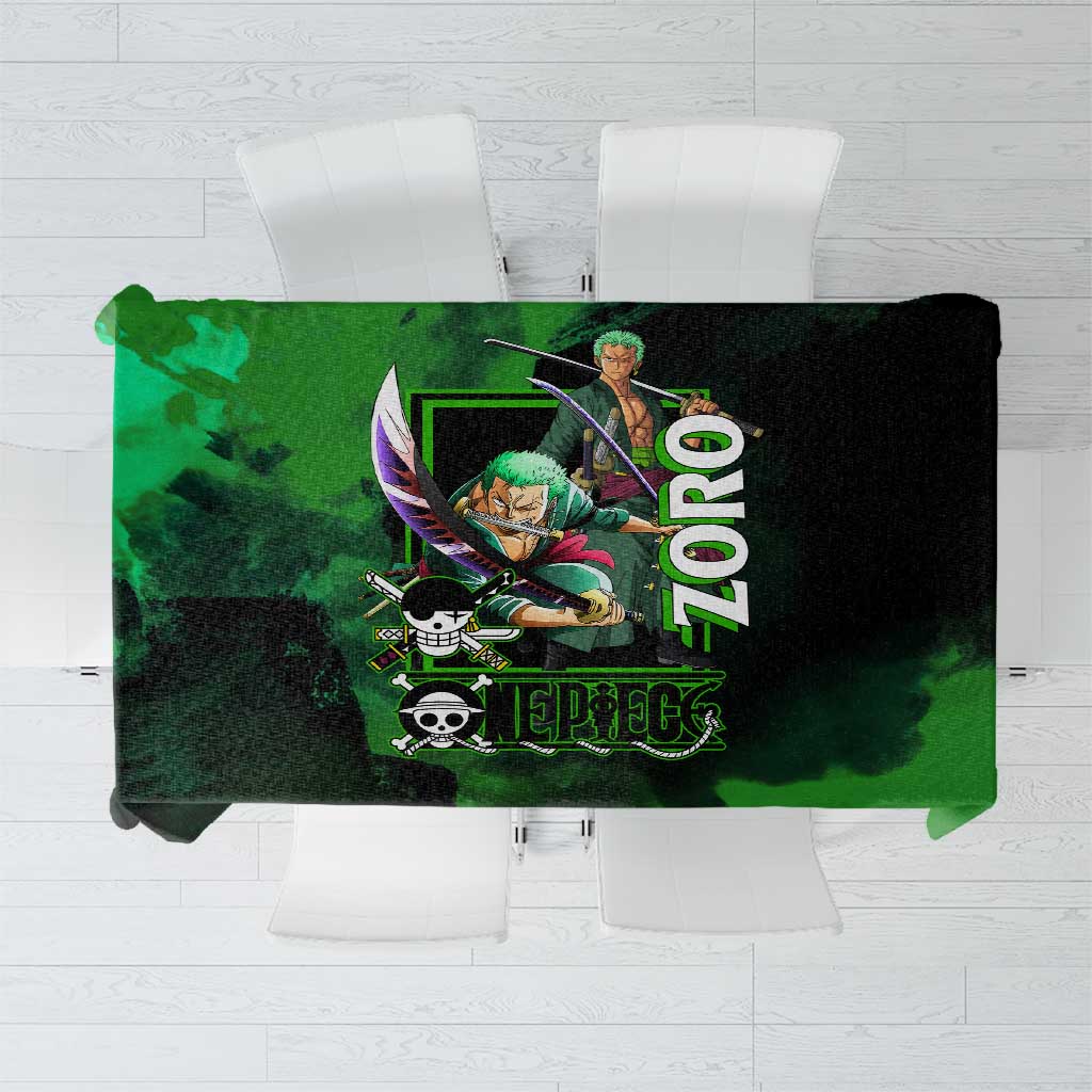 Zoro One Piece Green Theme Tablecloth with Swordsman Pose and Three Sword Style Design - The Mazicc