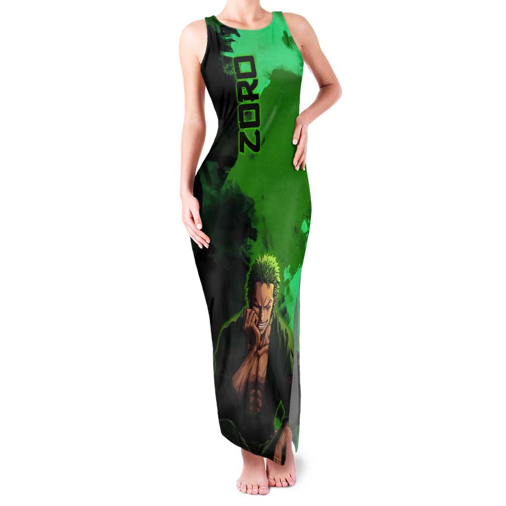 Zoro One Piece Green Theme Tank Maxi Dress with Swordsman Pose and Three Sword Style Design - The Mazicc