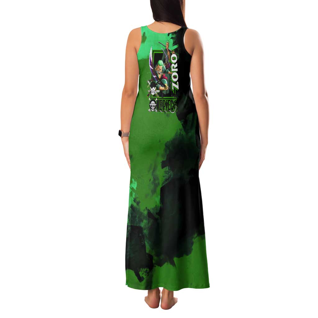 Zoro One Piece Green Theme Tank Maxi Dress with Swordsman Pose and Three Sword Style Design - The Mazicc