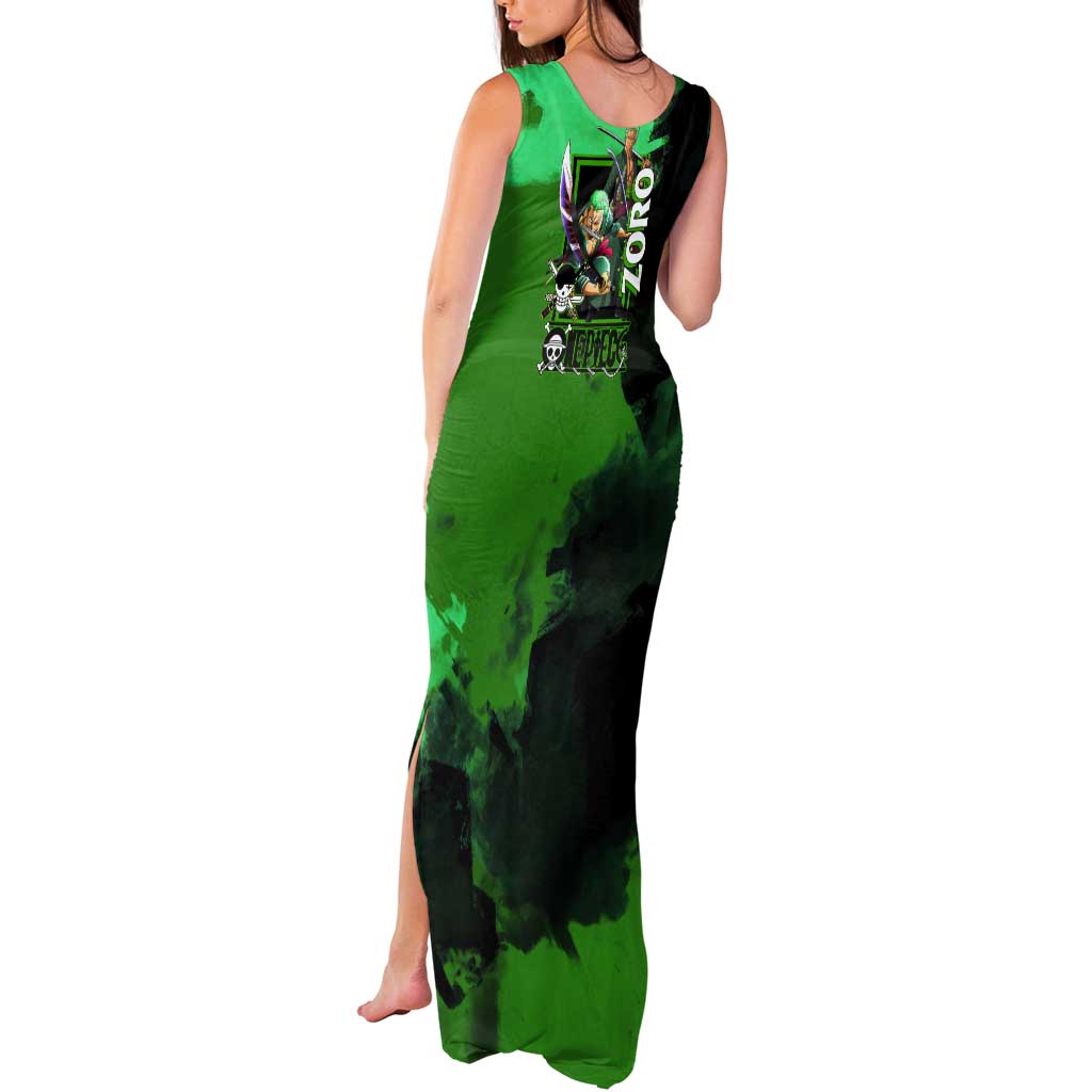 Zoro One Piece Green Theme Tank Maxi Dress with Swordsman Pose and Three Sword Style Design - The Mazicc