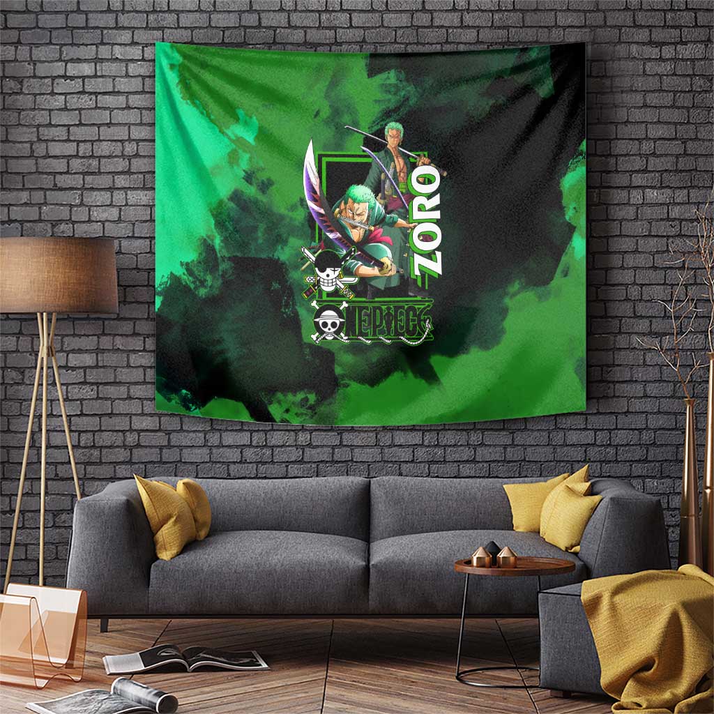 Zoro One Piece Green Theme Tapestry with Swordsman Pose and Three Sword Style Design - The Mazicc