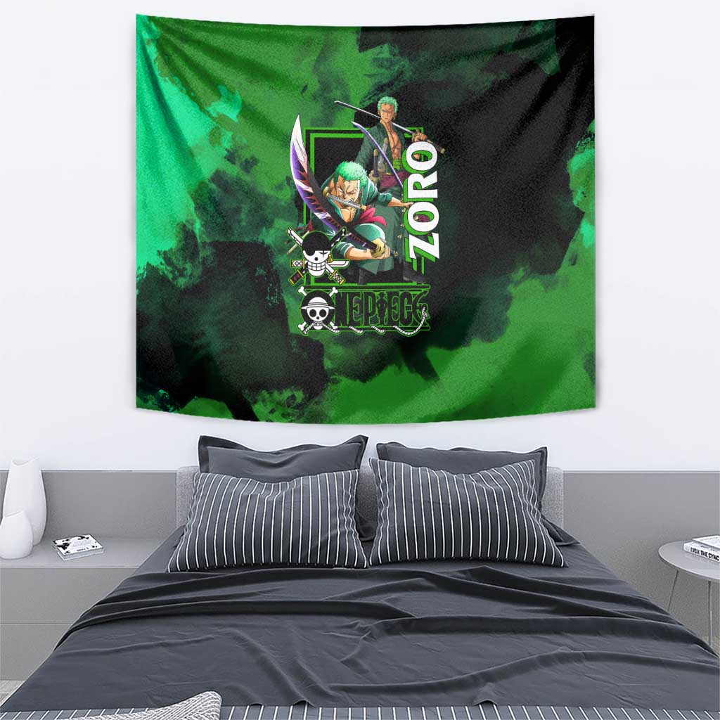 Zoro One Piece Green Theme Tapestry with Swordsman Pose and Three Sword Style Design - The Mazicc