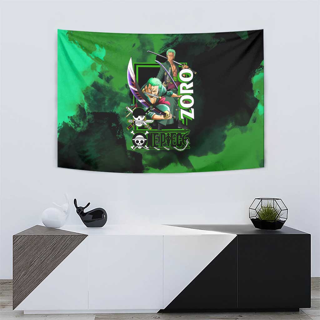 Zoro One Piece Green Theme Tapestry with Swordsman Pose and Three Sword Style Design - The Mazicc