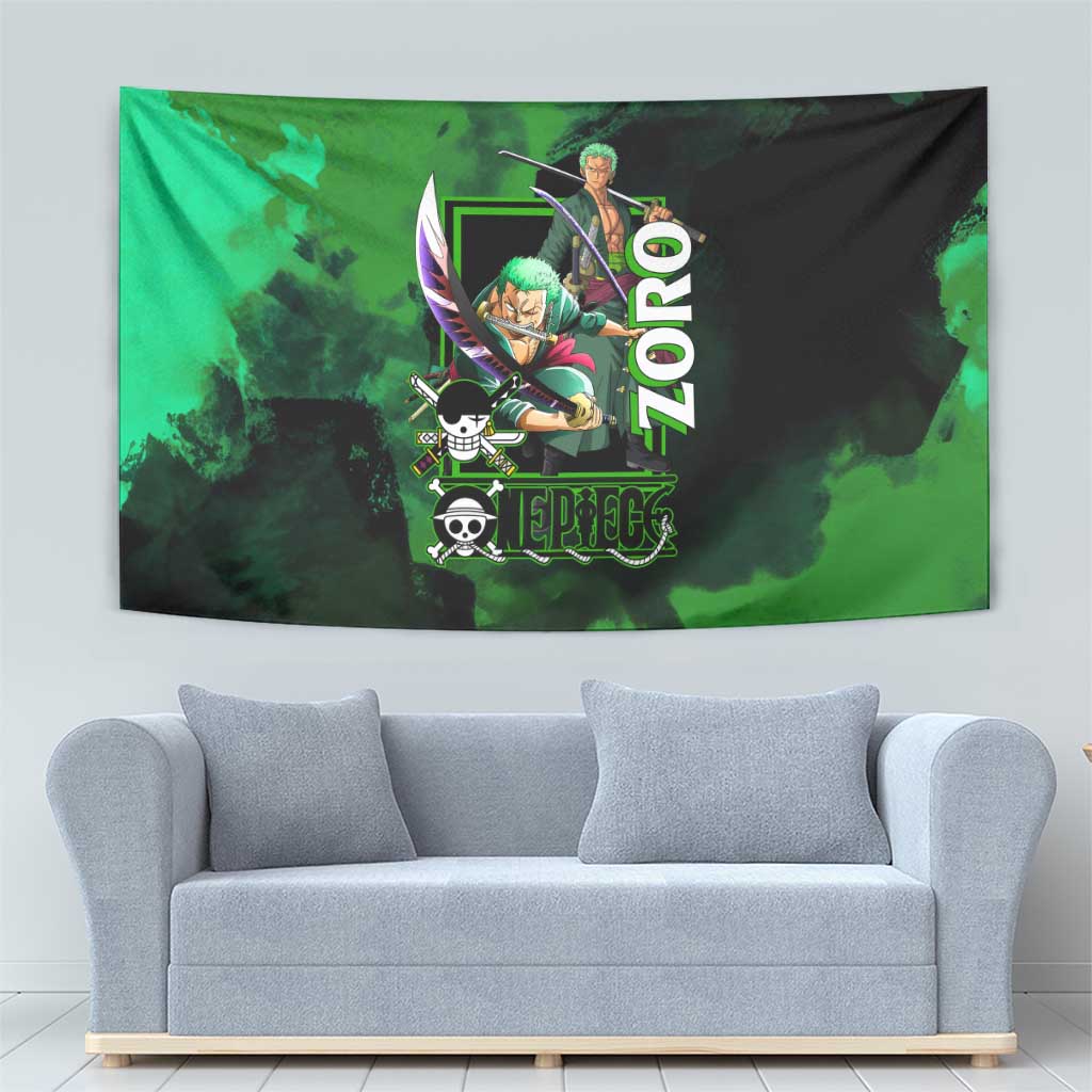 Zoro One Piece Green Theme Tapestry with Swordsman Pose and Three Sword Style Design - The Mazicc