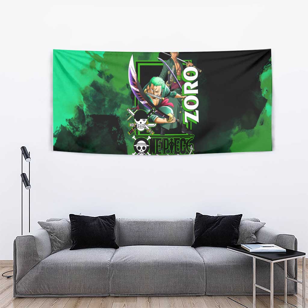Zoro One Piece Green Theme Tapestry with Swordsman Pose and Three Sword Style Design - The Mazicc