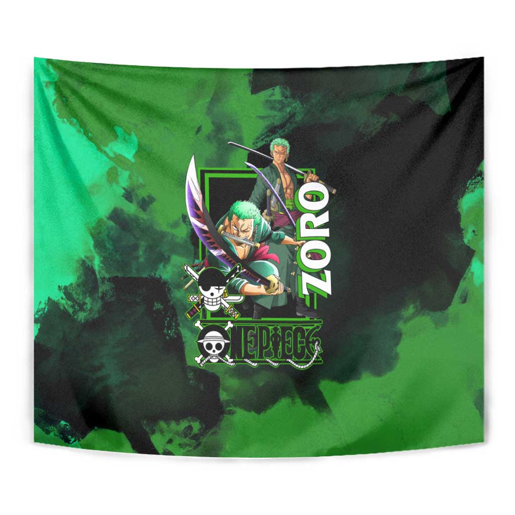 Zoro One Piece Green Theme Tapestry with Swordsman Pose and Three Sword Style Design - The Mazicc