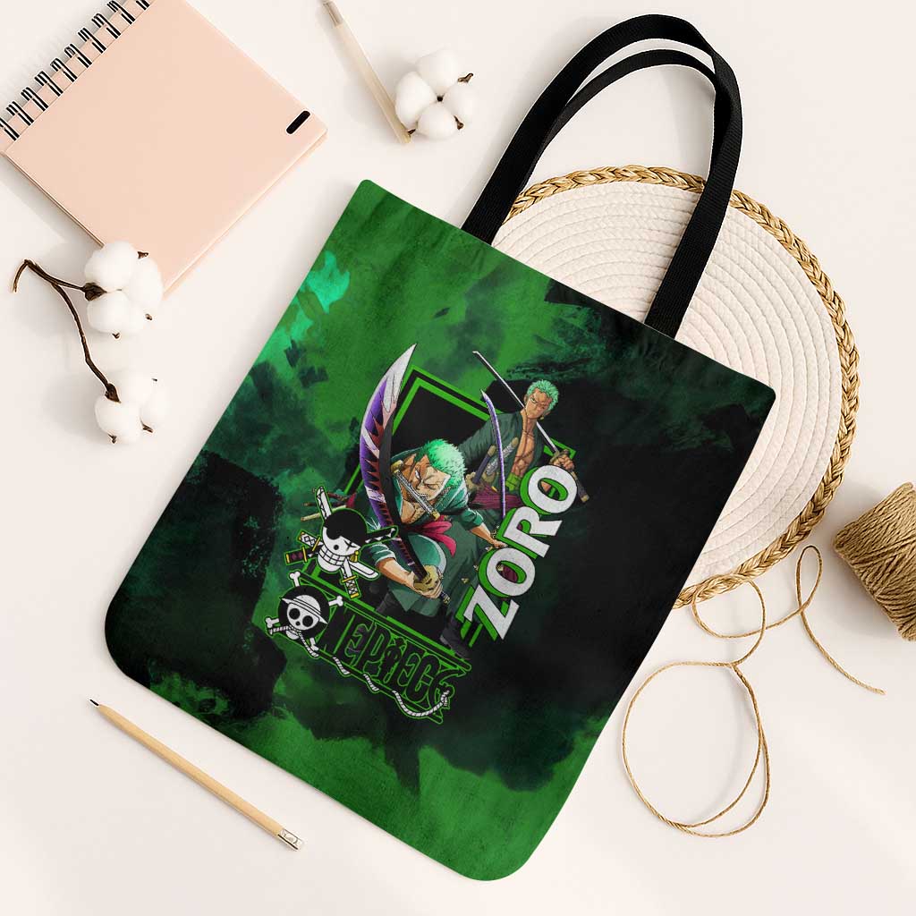 Zoro One Piece Green Theme Tote Bag with Swordsman Pose and Three Sword Style Design - The Mazicc