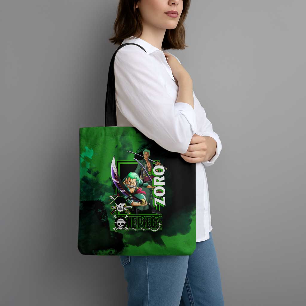 Zoro One Piece Green Theme Tote Bag with Swordsman Pose and Three Sword Style Design - The Mazicc