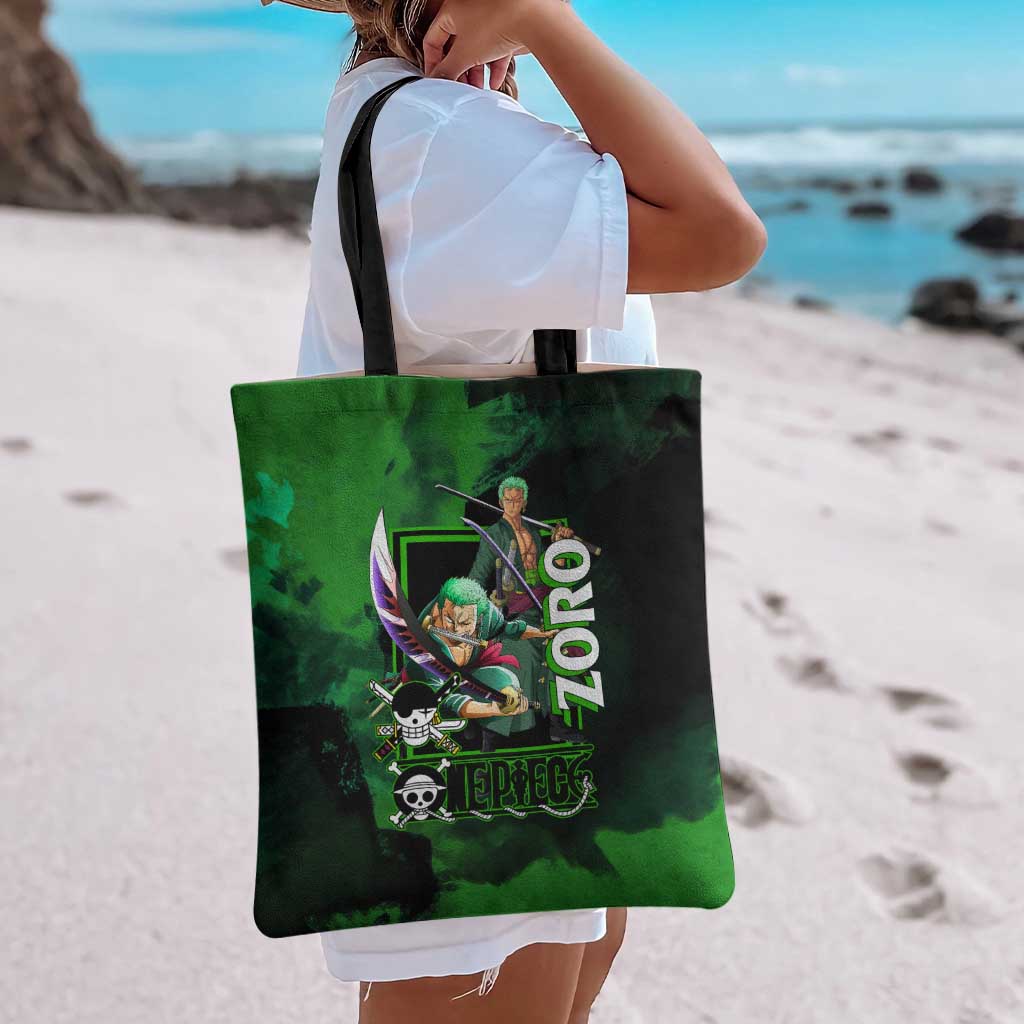 Zoro One Piece Green Theme Tote Bag with Swordsman Pose and Three Sword Style Design - The Mazicc