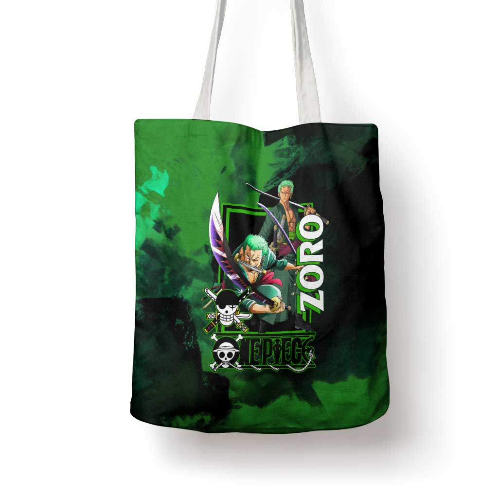 Zoro One Piece Green Theme Tote Bag with Swordsman Pose and Three Sword Style Design - The Mazicc
