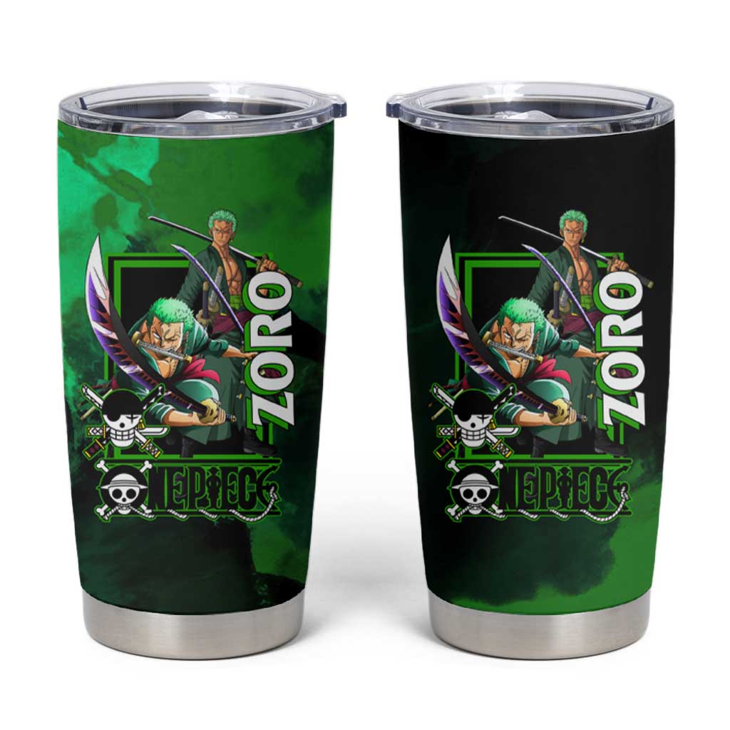 Zoro One Piece Green Theme Tumbler Cup with Swordsman Pose and Three Sword Style Design - The Mazicc