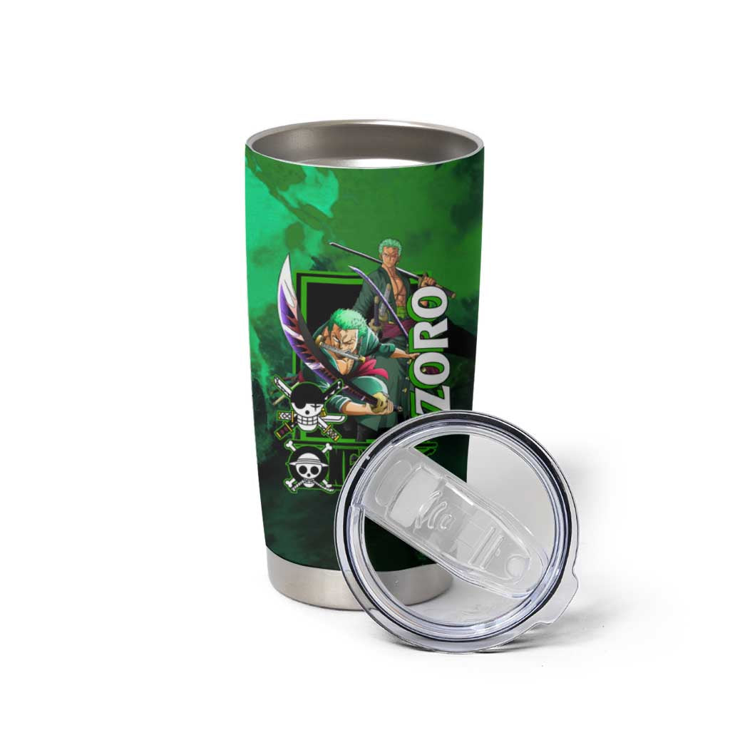 Zoro One Piece Green Theme Tumbler Cup with Swordsman Pose and Three Sword Style Design - The Mazicc