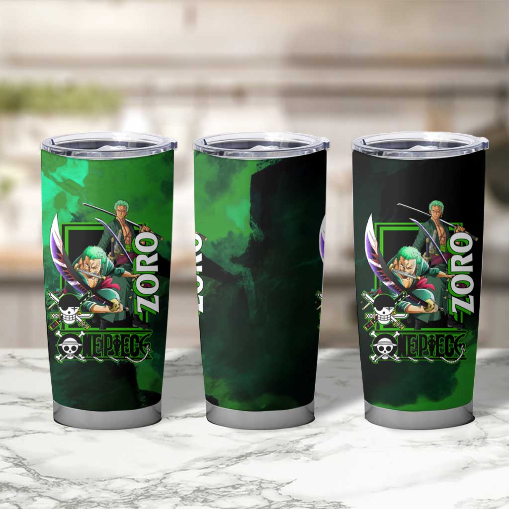 Zoro One Piece Green Theme Tumbler Cup with Swordsman Pose and Three Sword Style Design - The Mazicc