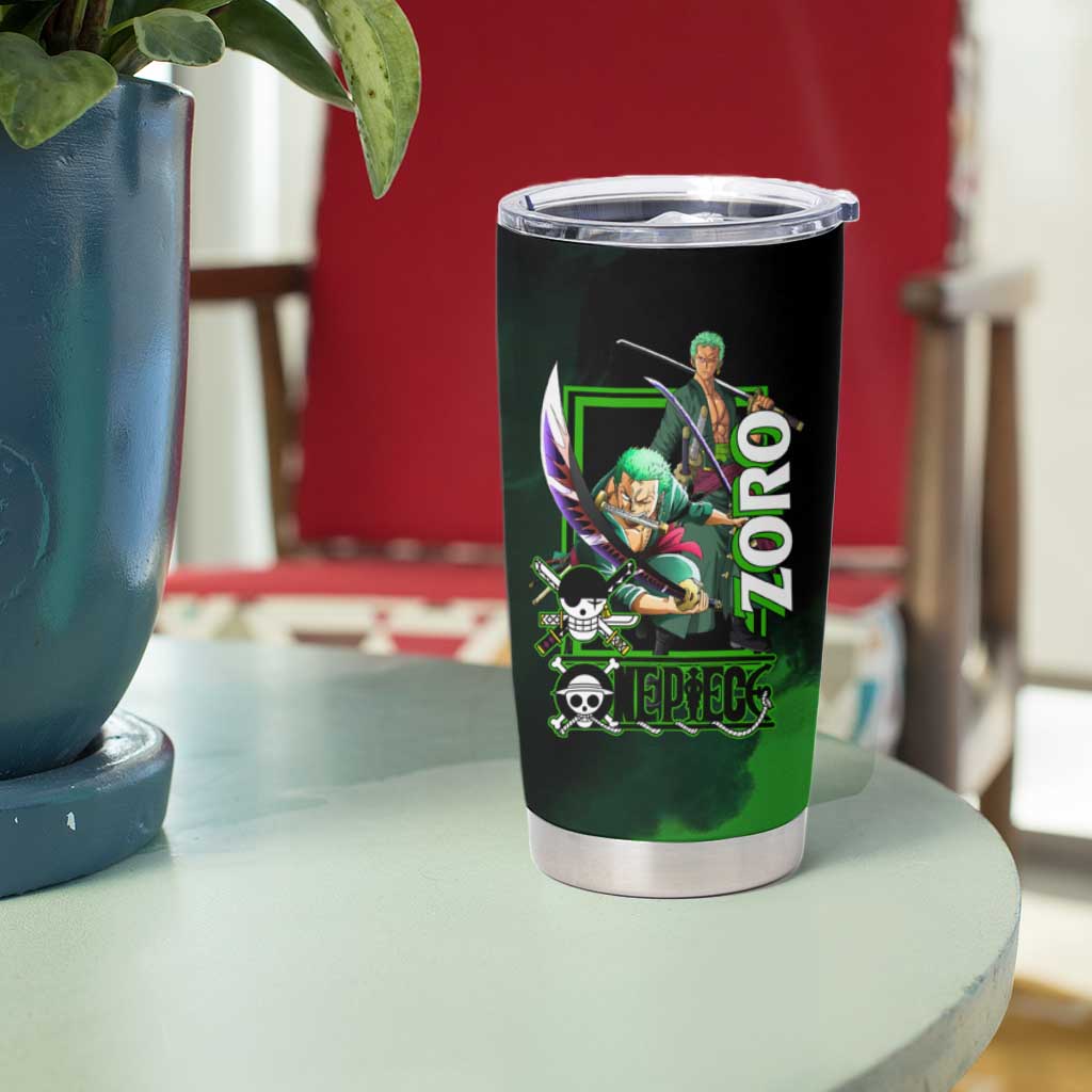 Zoro One Piece Green Theme Tumbler Cup with Swordsman Pose and Three Sword Style Design - The Mazicc