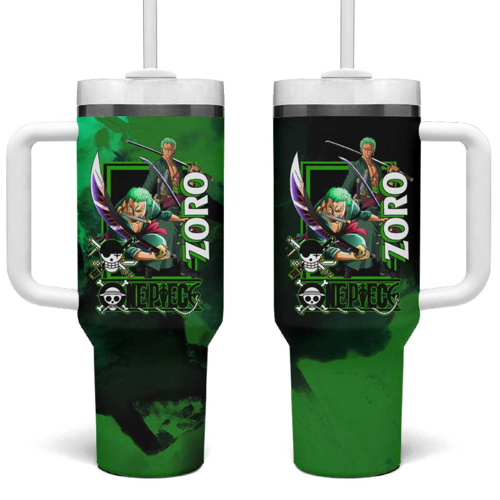 Zoro One Piece Green Theme Tumbler With Handle with Swordsman Pose and Three Sword Style Design - The Mazicc