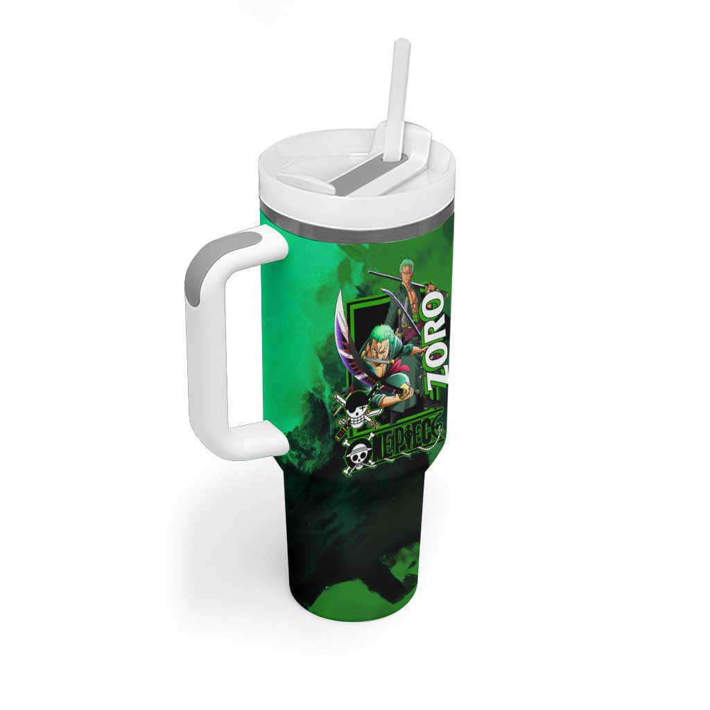 Zoro One Piece Green Theme Tumbler With Handle with Swordsman Pose and Three Sword Style Design - The Mazicc