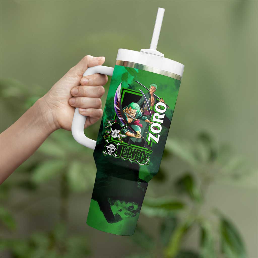 Zoro One Piece Green Theme Tumbler With Handle with Swordsman Pose and Three Sword Style Design - The Mazicc