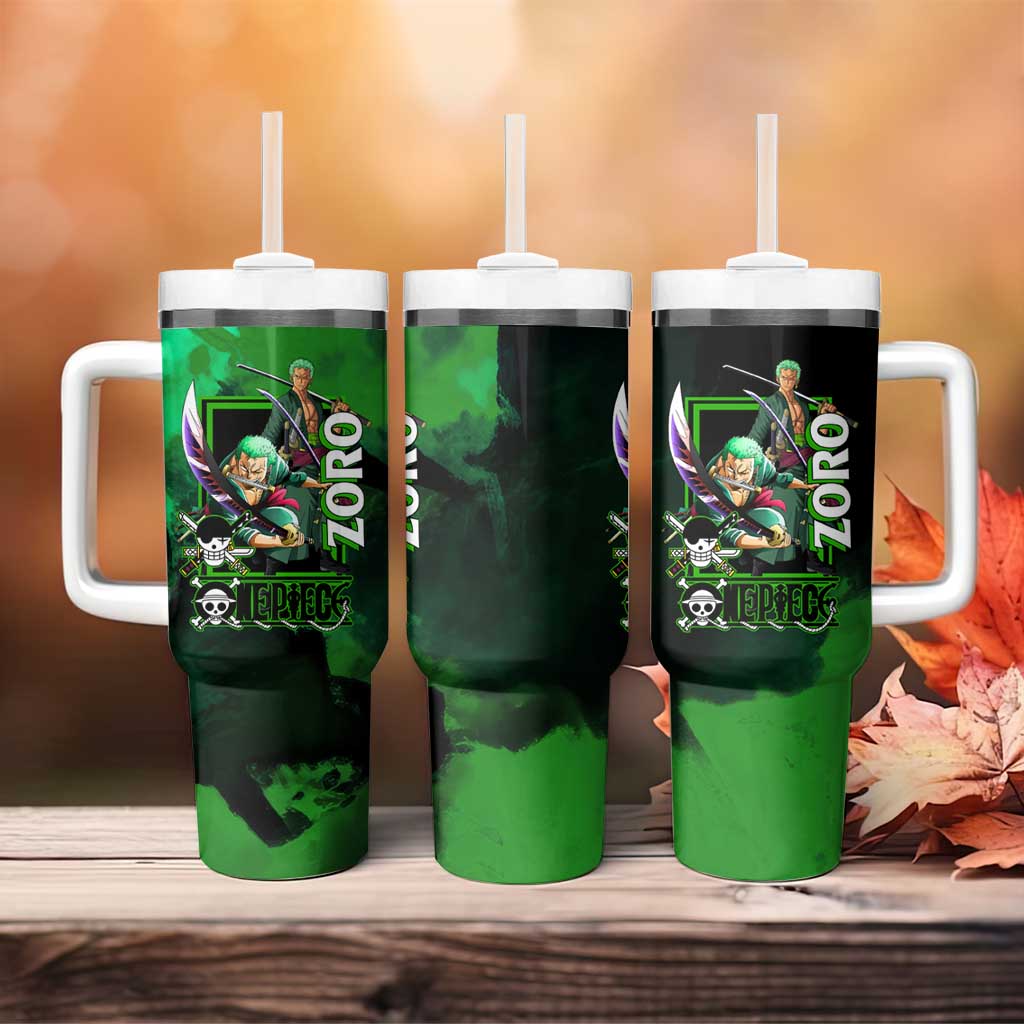 Zoro One Piece Green Theme Tumbler With Handle with Swordsman Pose and Three Sword Style Design - The Mazicc