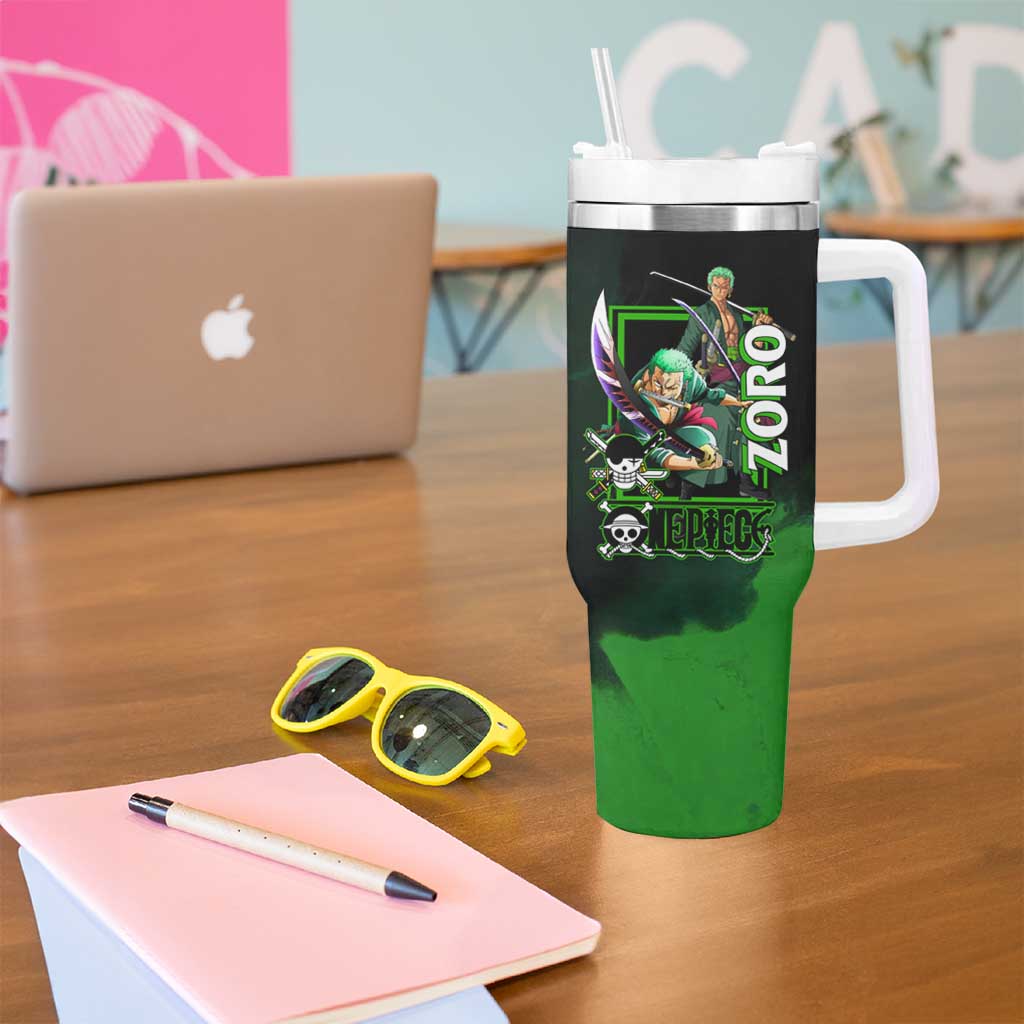 Zoro One Piece Green Theme Tumbler With Handle with Swordsman Pose and Three Sword Style Design - The Mazicc