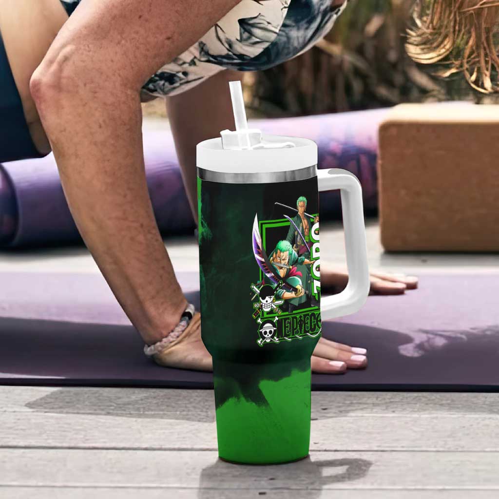 Zoro One Piece Green Theme Tumbler With Handle with Swordsman Pose and Three Sword Style Design - The Mazicc