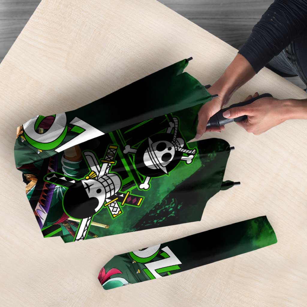 Zoro One Piece Green Theme Umbrella with Swordsman Pose and Three Sword Style Design - The Mazicc