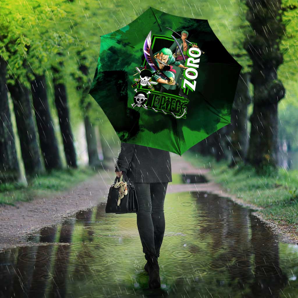 Zoro One Piece Green Theme Umbrella with Swordsman Pose and Three Sword Style Design - The Mazicc