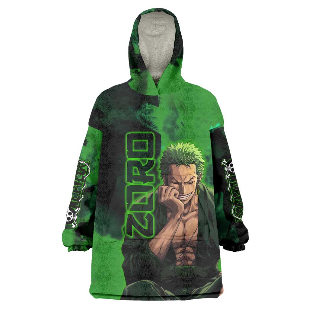 Zoro One Piece Green Theme Wearable Blanket Hoodie with Swordsman Pose and Three Sword Style Design - The Mazicc