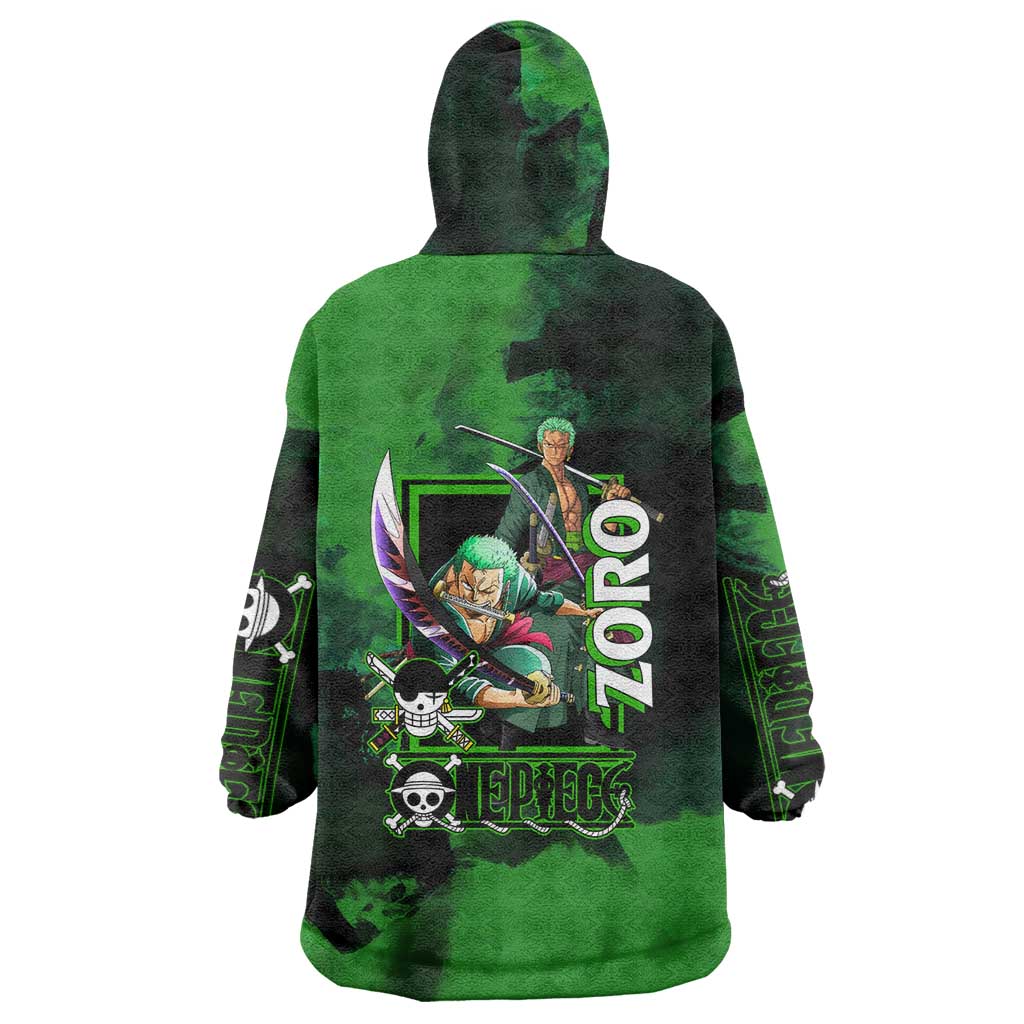 Zoro One Piece Green Theme Wearable Blanket Hoodie with Swordsman Pose and Three Sword Style Design - The Mazicc