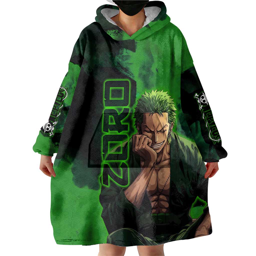 Zoro One Piece Green Theme Wearable Blanket Hoodie with Swordsman Pose and Three Sword Style Design - The Mazicc