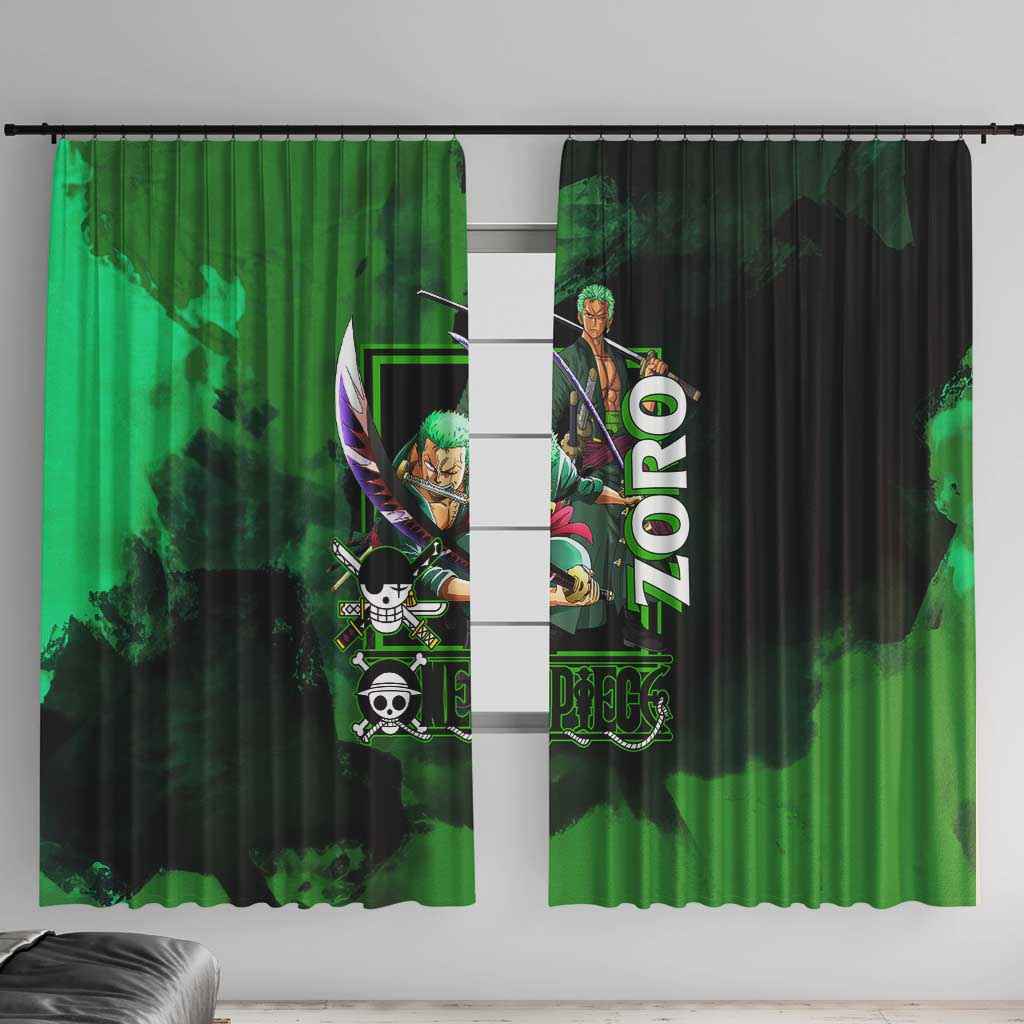 Zoro One Piece Green Theme Window Curtain with Swordsman Pose and Three Sword Style Design - The Mazicc