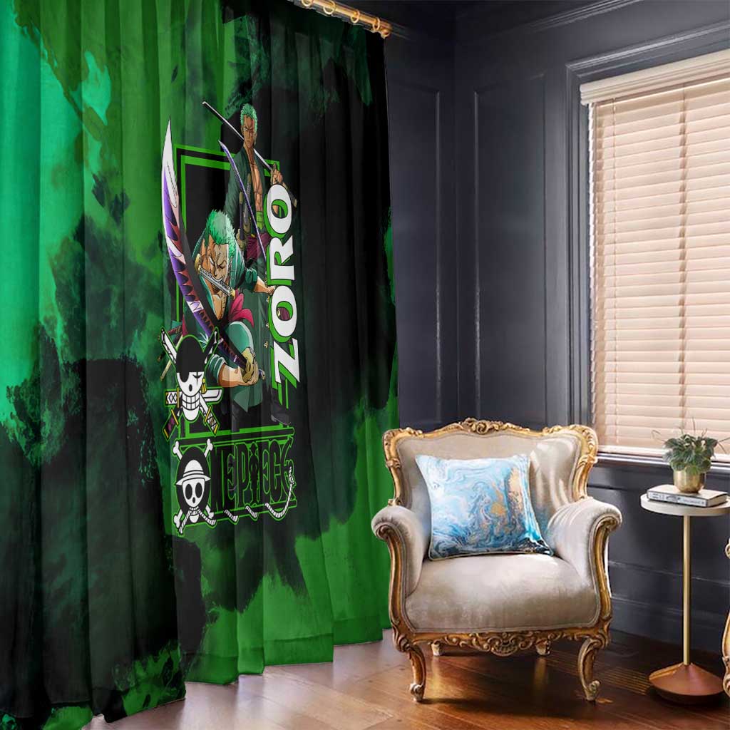 Zoro One Piece Green Theme Window Curtain with Swordsman Pose and Three Sword Style Design - The Mazicc
