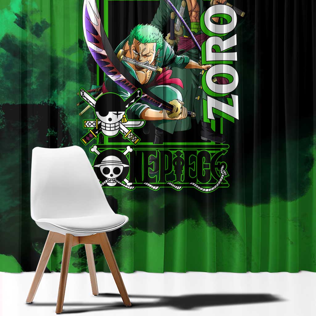 Zoro One Piece Green Theme Window Curtain with Swordsman Pose and Three Sword Style Design - The Mazicc