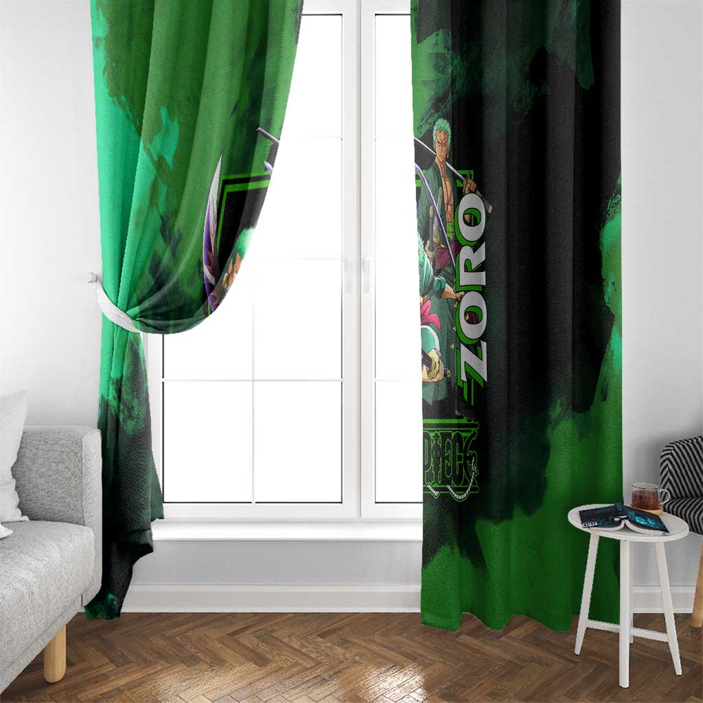 Zoro One Piece Green Theme Window Curtain with Swordsman Pose and Three Sword Style Design - The Mazicc