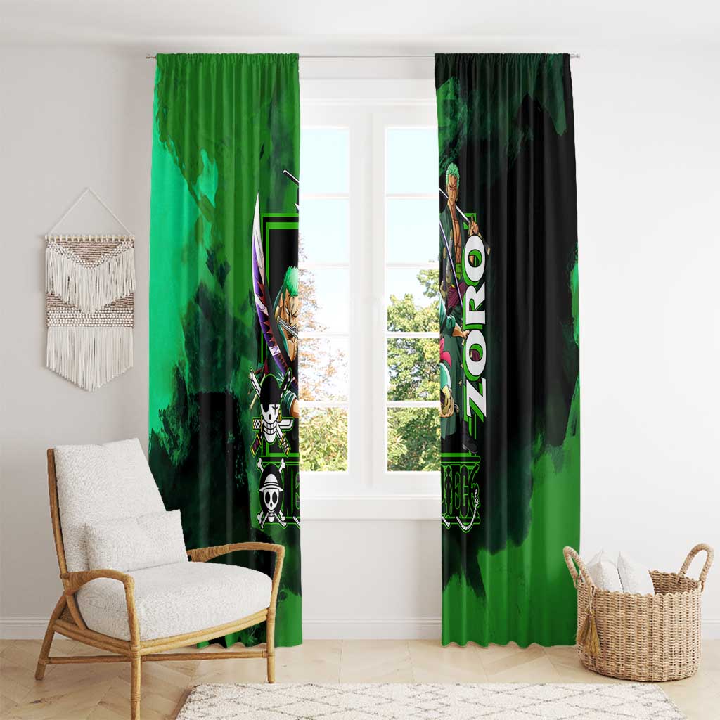 Zoro One Piece Green Theme Window Curtain with Swordsman Pose and Three Sword Style Design - The Mazicc