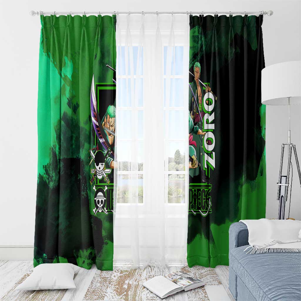 Zoro One Piece Green Theme Window Curtain with Swordsman Pose and Three Sword Style Design - The Mazicc