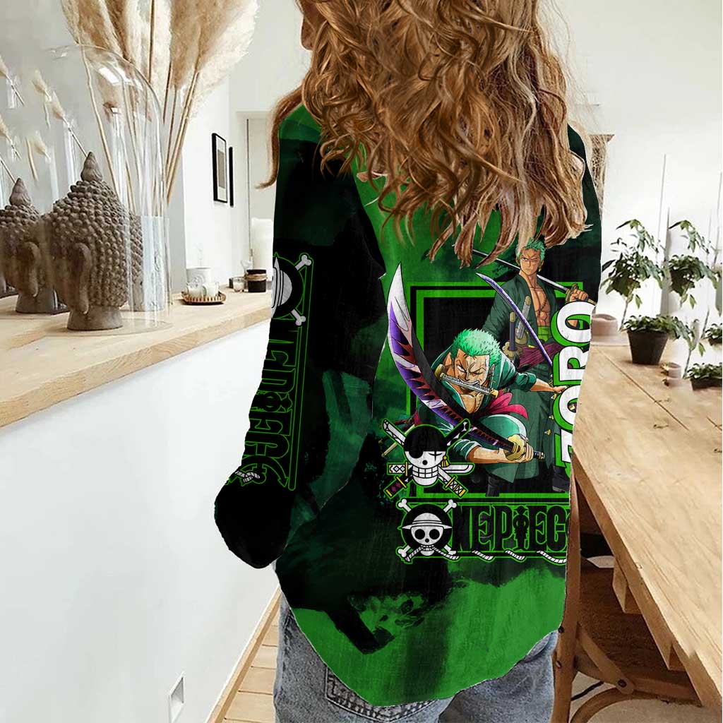 Zoro One Piece Green Theme Women Casual Shirt with Swordsman Pose and Three Sword Style Design - The Mazicc