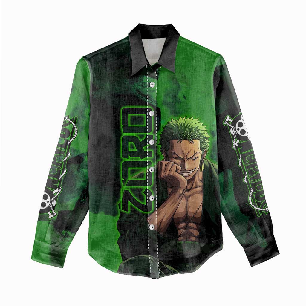 Zoro One Piece Green Theme Women Casual Shirt with Swordsman Pose and Three Sword Style Design - The Mazicc