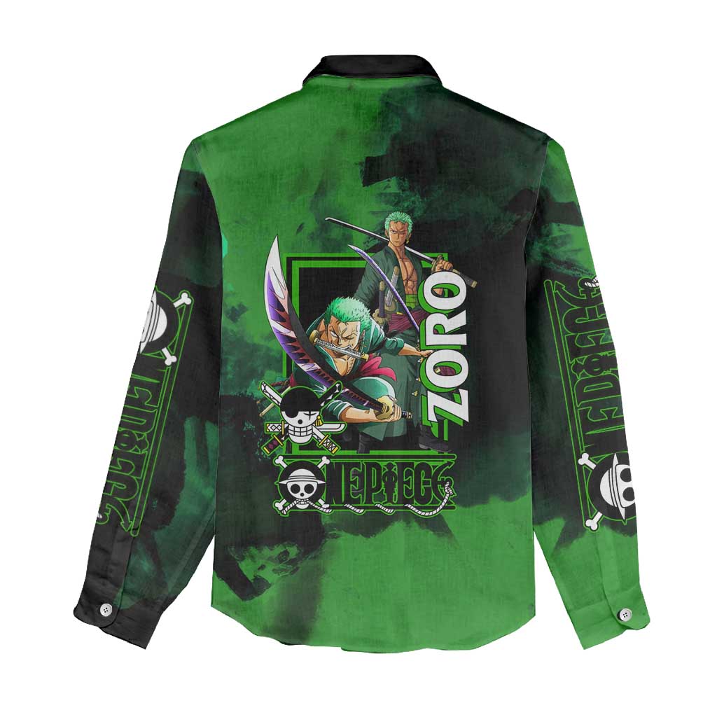 Zoro One Piece Green Theme Women Casual Shirt with Swordsman Pose and Three Sword Style Design - The Mazicc