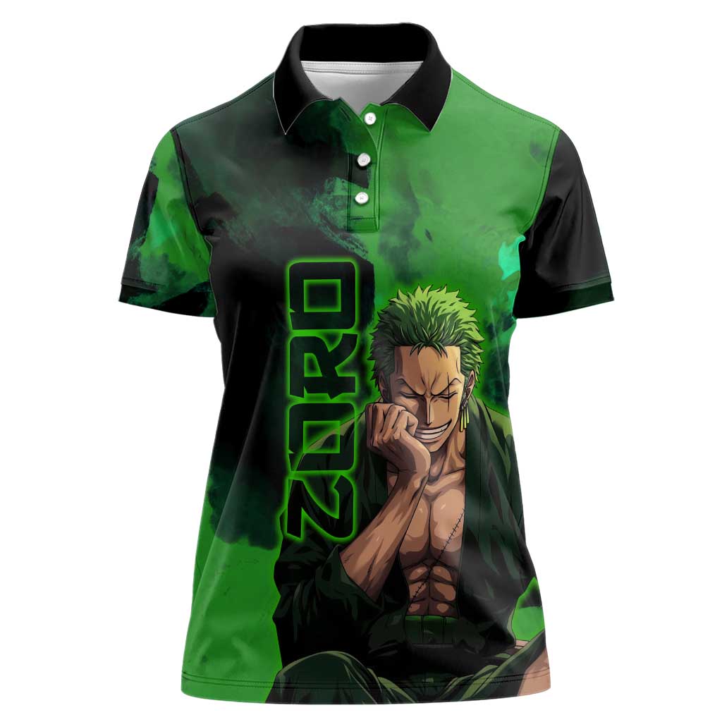 Zoro One Piece Green Theme Women Polo Shirt with Swordsman Pose and Three Sword Style Design - The Mazicc