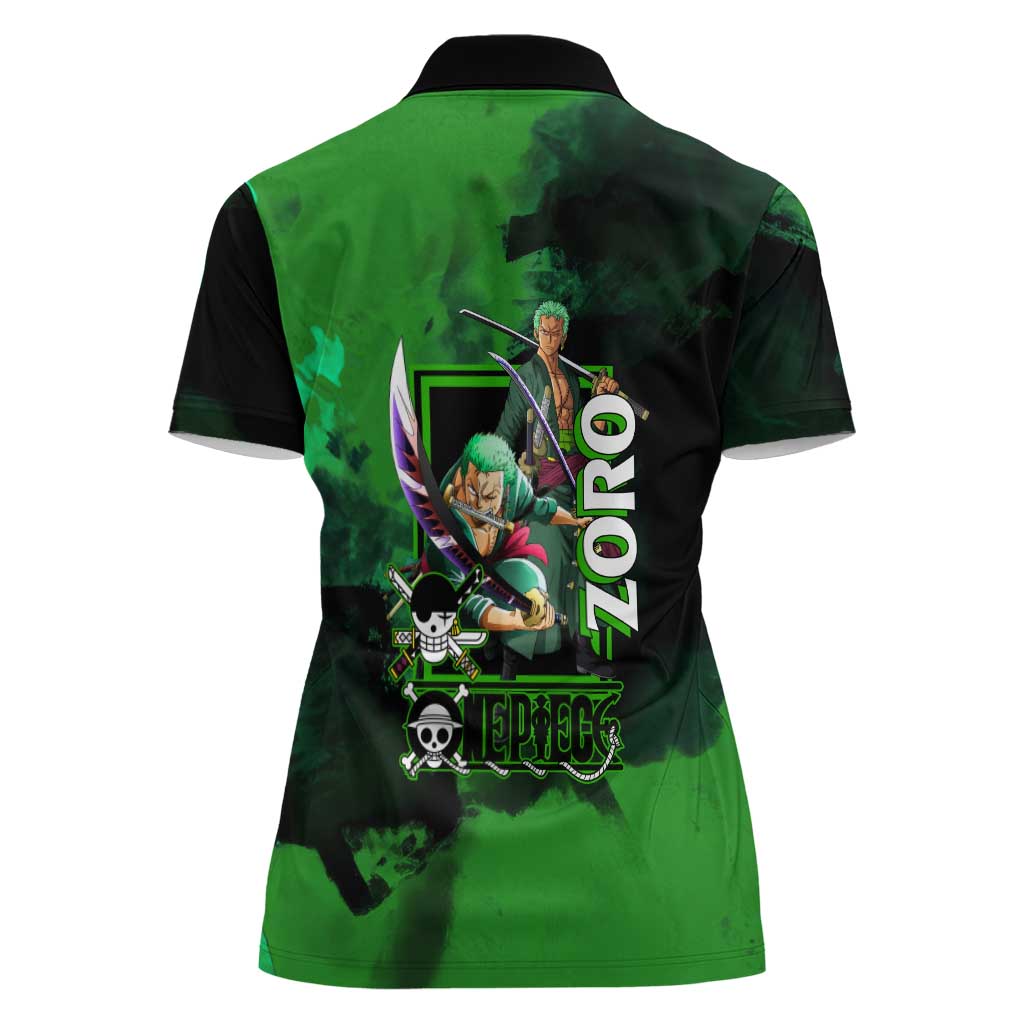 Zoro One Piece Green Theme Women Polo Shirt with Swordsman Pose and Three Sword Style Design - The Mazicc