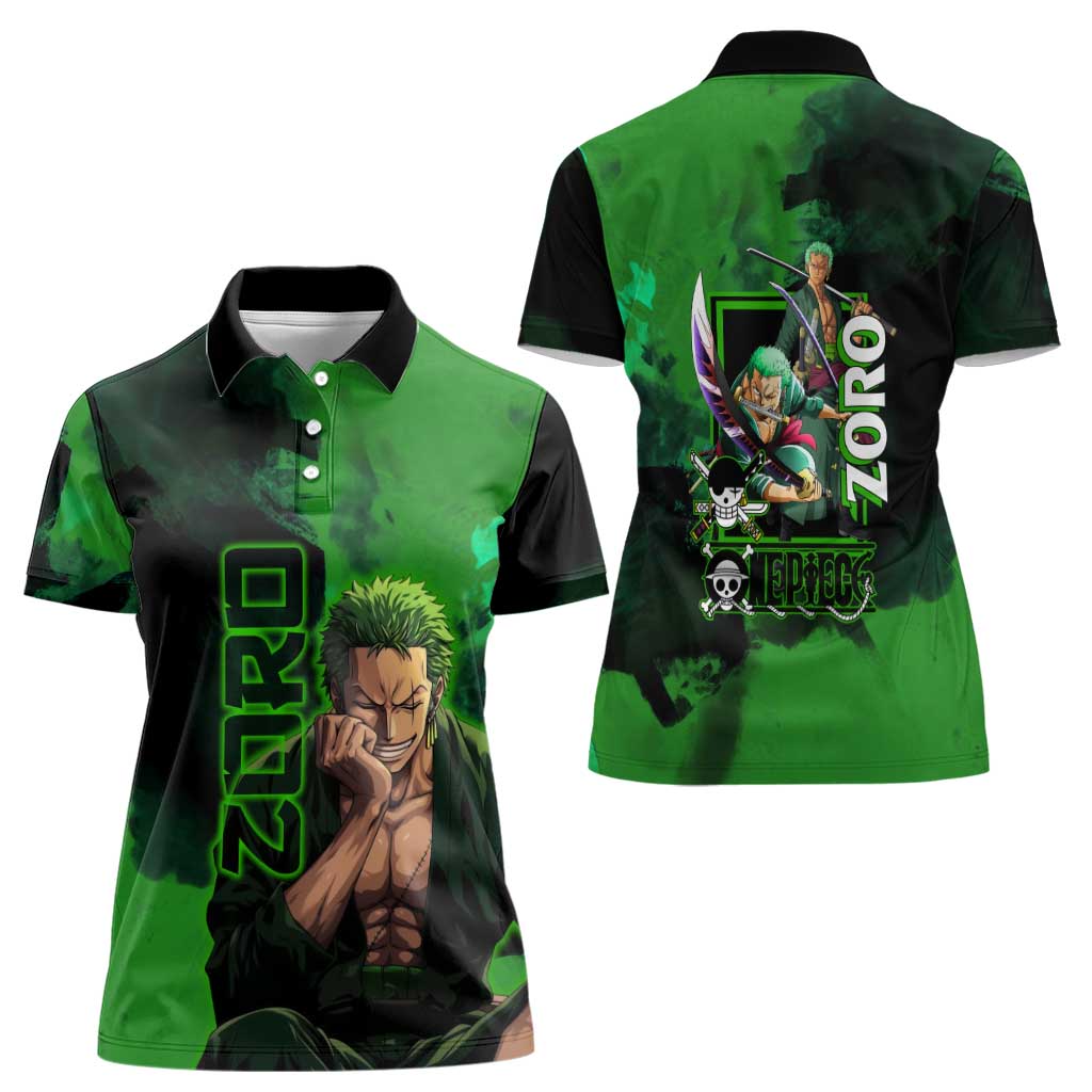 Zoro One Piece Green Theme Women Polo Shirt with Swordsman Pose and Three Sword Style Design - The Mazicc
