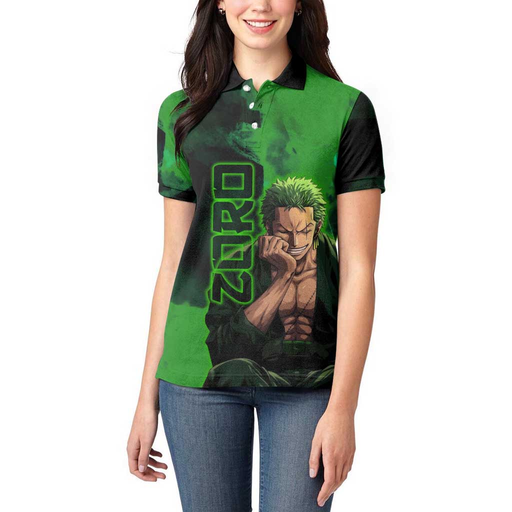 Zoro One Piece Green Theme Women Polo Shirt with Swordsman Pose and Three Sword Style Design - The Mazicc