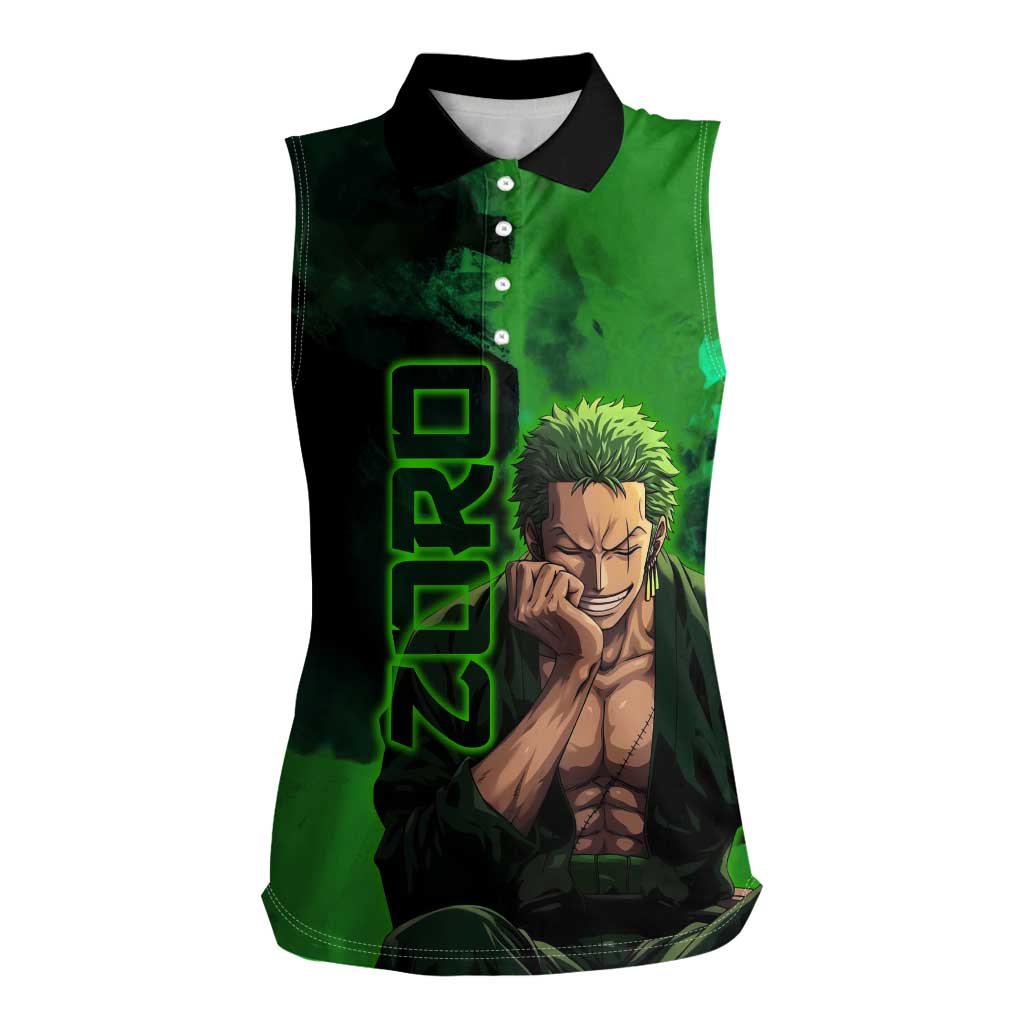 Zoro One Piece Green Theme Women Sleeveless Polo Shirt with Swordsman Pose and Three Sword Style Design - The Mazicc