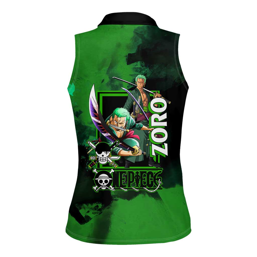 Zoro One Piece Green Theme Women Sleeveless Polo Shirt with Swordsman Pose and Three Sword Style Design - The Mazicc