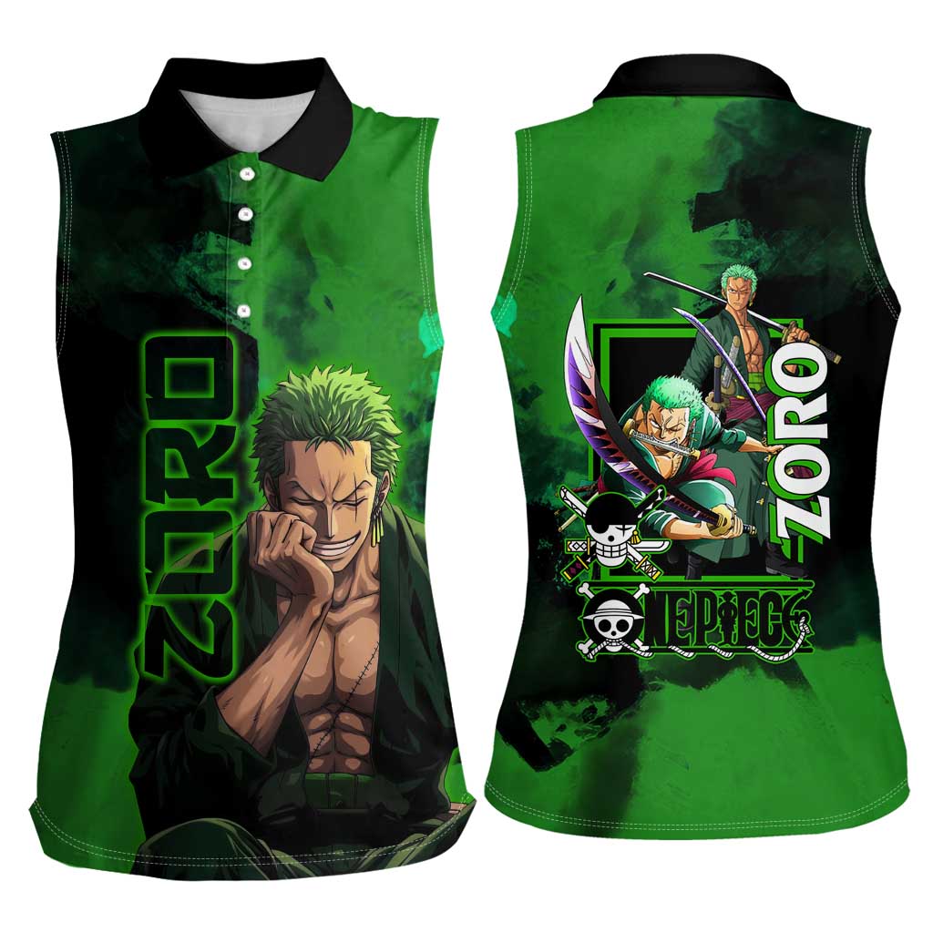 Zoro One Piece Green Theme Women Sleeveless Polo Shirt with Swordsman Pose and Three Sword Style Design - The Mazicc
