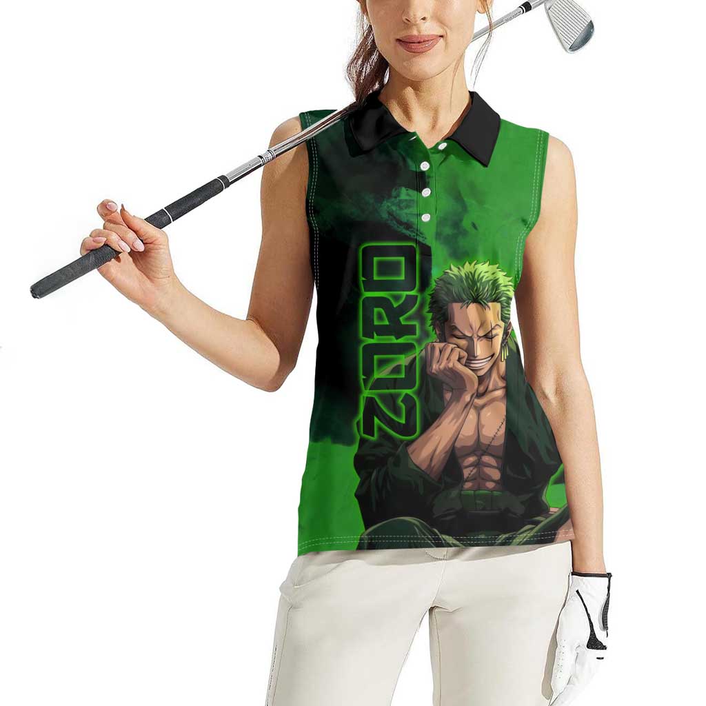 Zoro One Piece Green Theme Women Sleeveless Polo Shirt with Swordsman Pose and Three Sword Style Design - The Mazicc