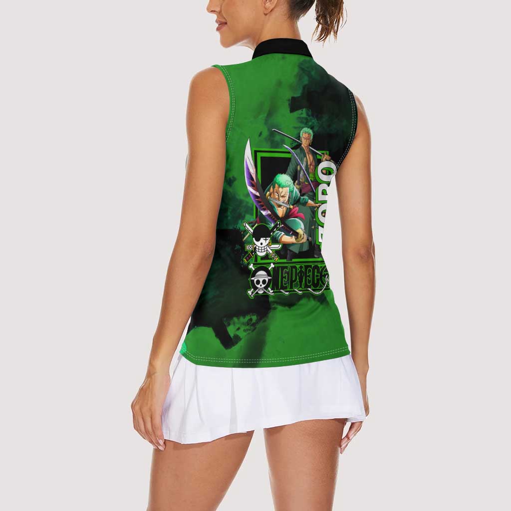 Zoro One Piece Green Theme Women Sleeveless Polo Shirt with Swordsman Pose and Three Sword Style Design - The Mazicc
